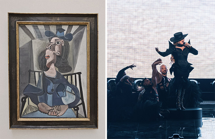 Diptych of Pablo Picasso's painting “Woman with Hat Seated in an Armchair” and Corinne Cumming / EBU's photograph of Melody performing "Esa Diva" at Eurovision in Basel, Switzerland; Eurovision acts matched up with Kunstmuseum Basel artworks.