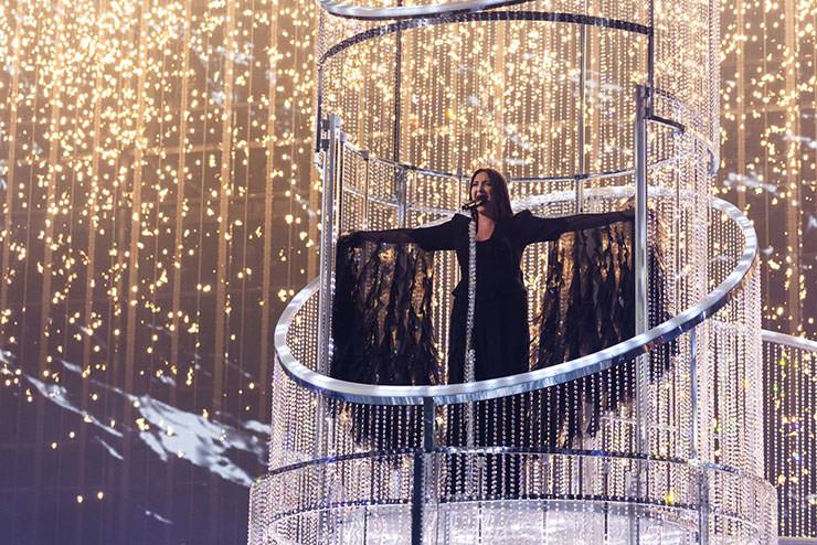 Yuval Raphael from Israel performing "New Day Will Rise" at Eurovision Song Contest in Basel, Switzerland; photo by Corinne Cumming / EBU.