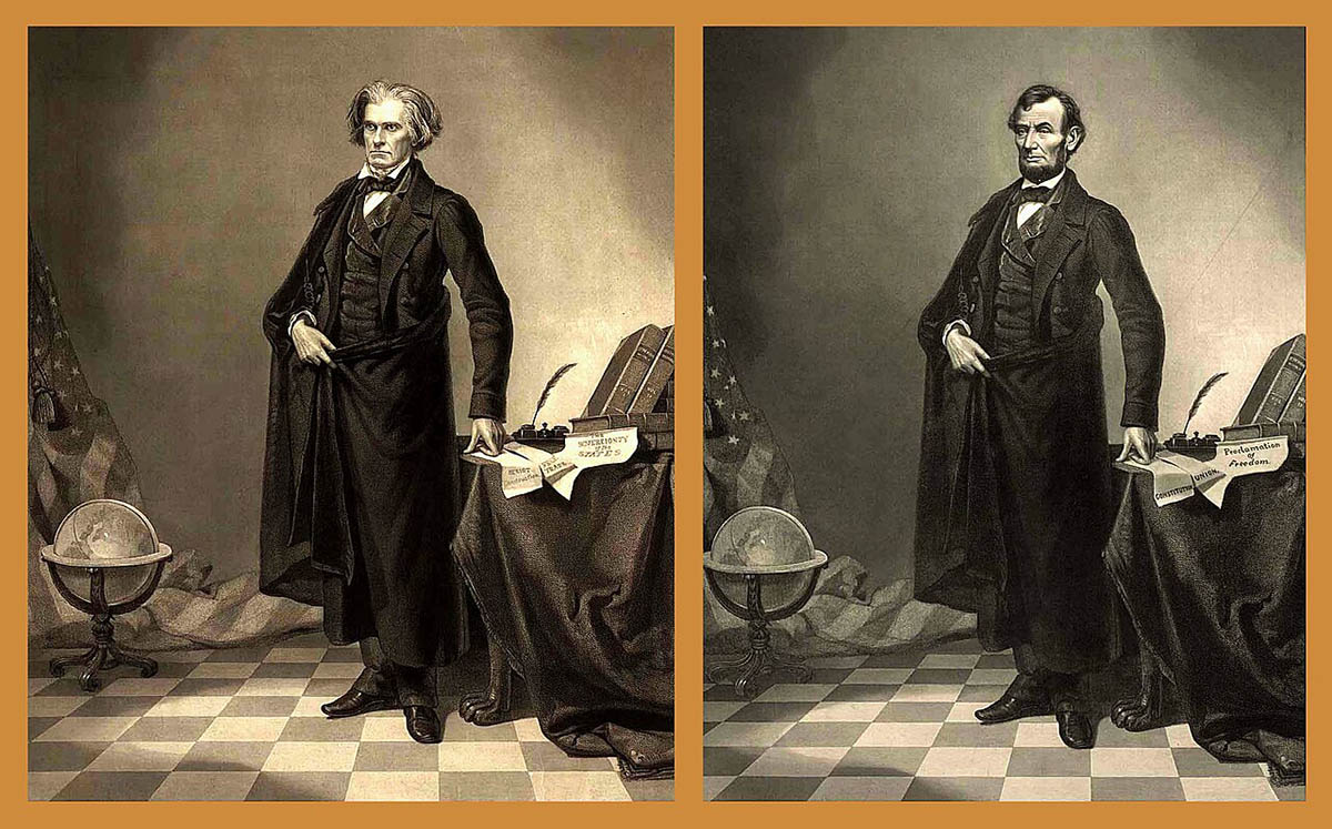 Side-by-side images of 1852 engraving of the seventh U.S. vice-president John Calhoun, and Abraham Lincoln, 16h President whose head was superimposed on this photo manipulation.