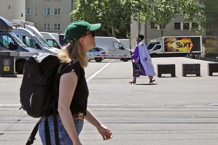 Cosplayer dressed as Admiral Issho (Fujitora) from "One Piece" manga series, walking down the street at Fantasy Basel, the Swiss Comic Con; photo by Ivan Kralj.