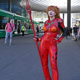 Cosplayer Haroogi dressed as Asuka Langley Soryu from the "Neon Genesis Evangelion" franchise, at Fantasy Basel, the Swiss Comic Con; photo by Ivan Kralj.