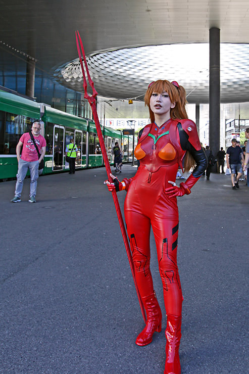Cosplayer Haroogi dressed as Asuka Langley Soryu from the "Neon Genesis Evangelion" franchise, at Fantasy Basel, the Swiss Comic Con; photo by Ivan Kralj.