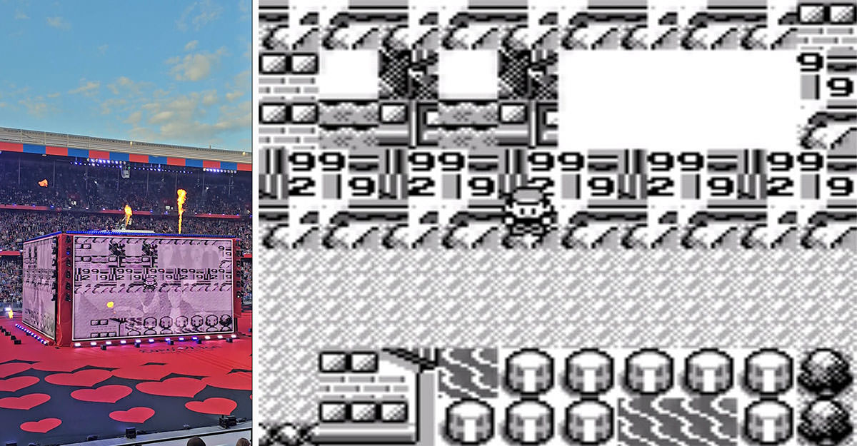 Baby Lasagna performing at Eurovision Arena Plus pre-show atop a cube stage that briefly displays a screenshot from Pokemon Glitch City; YouTube footage by Pipeaway.