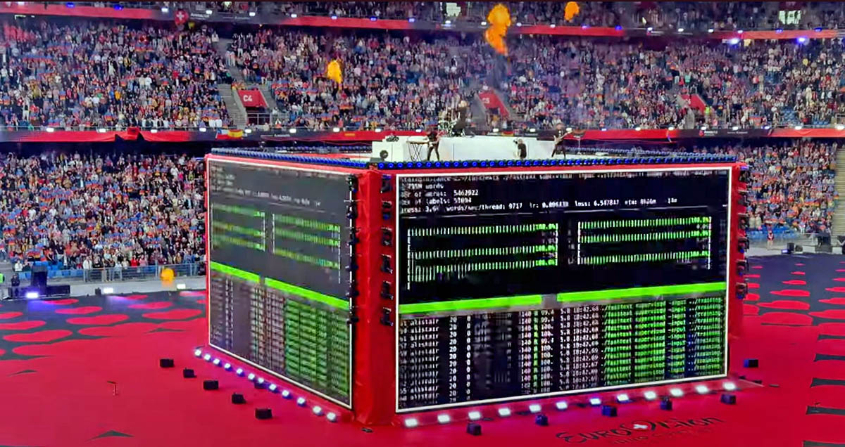 Baby Lasagna band performing "Rim Tim Tagi Dim" in Arena Plus, during a Eurovision pre-show at St. Jakob-Park stadium, atop a cube stage that briefly displays a subliminal image of a machine learning model training; screenshot from Point Switzerland YouTube footage by Pipeaway.