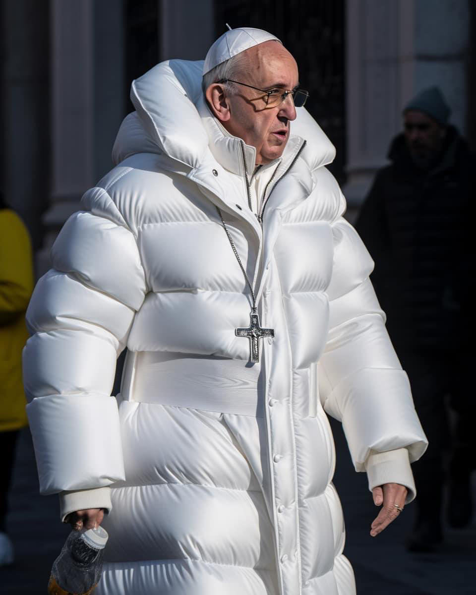 Pope Francis in a white puffer coat, an AI image often nicknamed as Balenciaga Pope; created by Pablo Xavier in Midjourney.