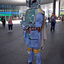 Cosplayer dressed as Boba Fett, the Mandalorian, from the "Star Wars" franchise, at Fantasy Basel, the Swiss Comic Con; photo by Ivan Kralj.