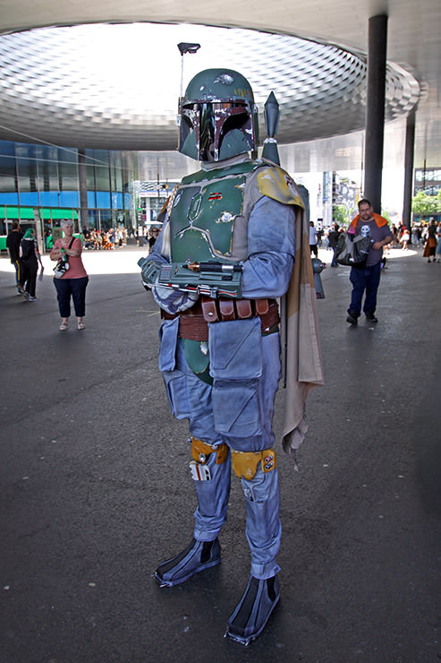 Cosplayer dressed as Boba Fett, the Mandalorian, from the "Star Wars" franchise, at Fantasy Basel, the Swiss Comic Con; photo by Ivan Kralj.