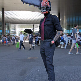 Cosplayer dressed as the Chainsaw Man from the namesake manga series, at Fantasy Basel, the Swiss Comic Con; photo by Ivan Kralj.