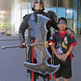 Dad and son in warrior cosplay at Fantasy Basel, the Swiss Comic Con; photo by Ivan Kralj.