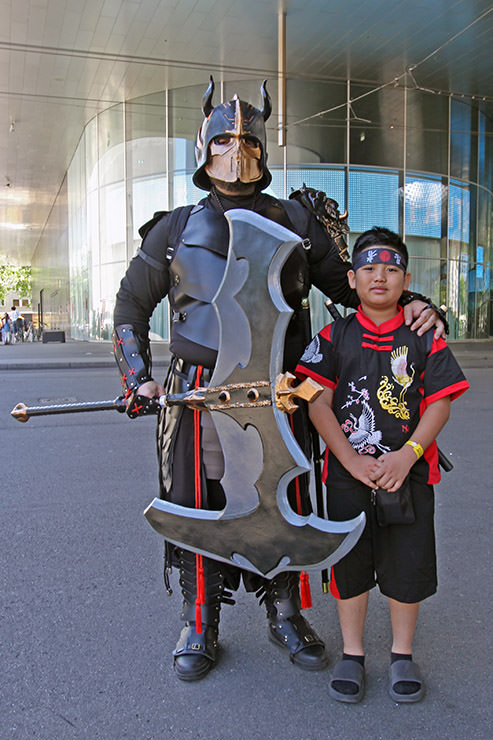 Dad and son in warrior cosplay at Fantasy Basel, the Swiss Comic Con; photo by Ivan Kralj.