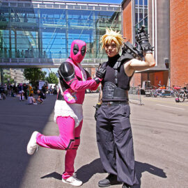 Cosplayers dressed as Deadpool from Marvel universe and Cloud Strife from the "Final Fantasy VII" role-playing video game, at Fantasy Basel, the Swiss Comic Con; photo by Ivan Kralj.