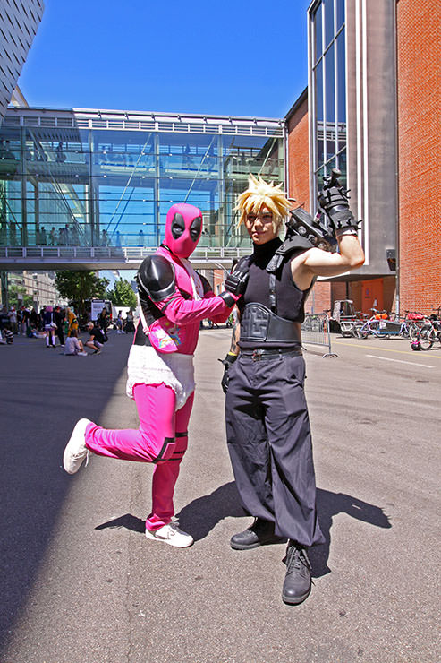 Cosplayers dressed as Deadpool from Marvel universe and Cloud Strife from the "Final Fantasy VII" role-playing video game, at Fantasy Basel, the Swiss Comic Con; photo by Ivan Kralj.