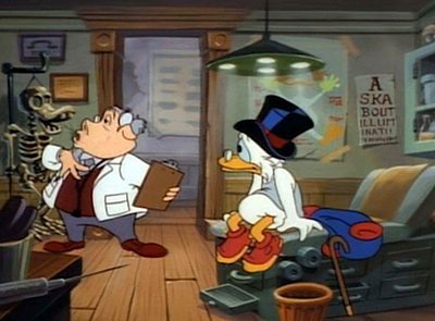 A screenshot from Walt Disney's cartoon "DuckTales", where optician's chart on the wall displays words "Ask about illuminati".