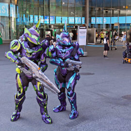 Cosplayers dressed up as Elites warriors from "Halo 3" shooter game at Fantasy Basel, the Swiss Comic Con; photo by Ivan Kralj.
