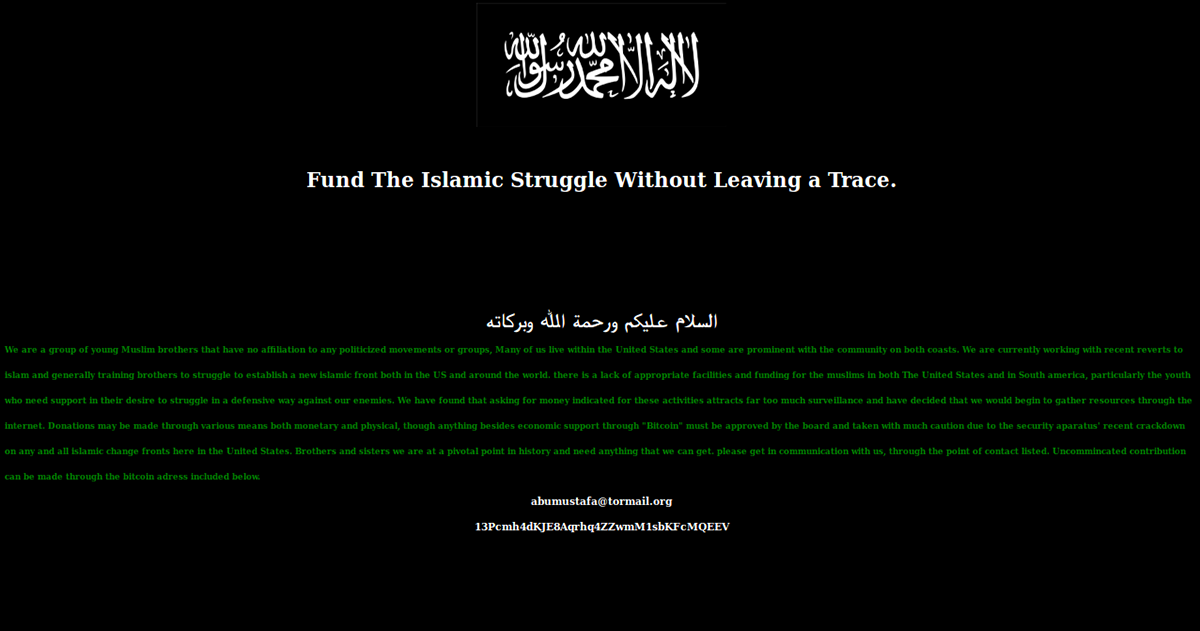 "Fund the Islamic Struggle Without Leaving a Trace", screenshot from a dark web site calling for secret financing of jihad with bitcoins.