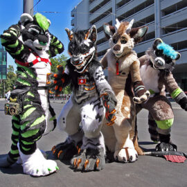 Four furries posing at Fantasy Basel, the Swiss Comic Con; photo by Ivan Kralj.