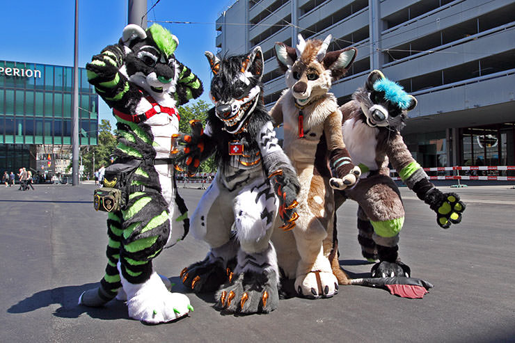 Four furries posing at Fantasy Basel, the Swiss Comic Con; photo by Ivan Kralj.
