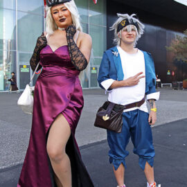 Cosplayers dressed as Lilith Morningstar from the "Hazbin Hotel" TV show, and Asta from the "Black Clover" manga series, at Fantasy Basel, the Swiss Comic Con; photo by Ivan Kralj.