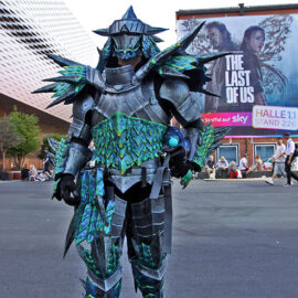 Cosplayer dressed as the Monster Hunter from the namesake video game series, at Fantasy Basel, the Swiss Comic Con; photo by Ivan Kralj.