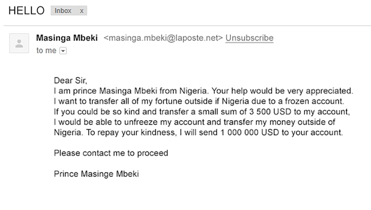 A screenshot of a classing phishing email scam by a Nigerian prince.