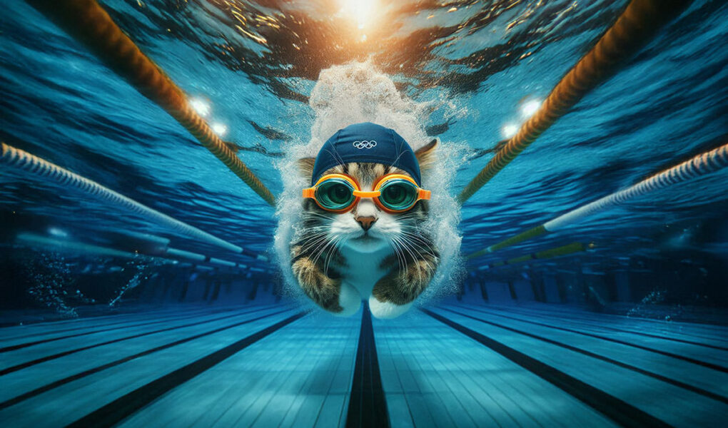 At Cat Olympics, a cat with a swimming cap and goggles dives under water in a pool; AI image by Ivan Kralj via Dall-e/Adobe.