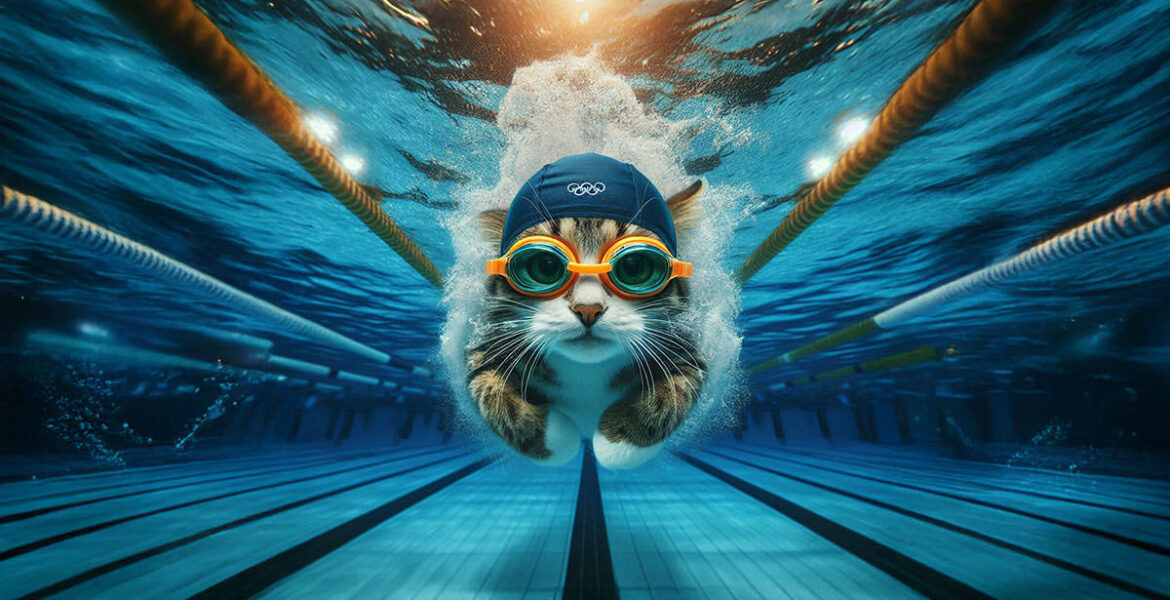 At Cat Olympics, a cat with a swimming cap and goggles dives under water in a pool; AI image by Ivan Kralj via Dall-e/Adobe.