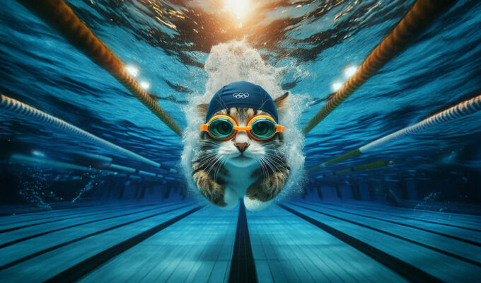 At Cat Olympics, a cat with a swimming cap and goggles dives under water in a pool; AI image by Ivan Kralj via Dall-e/Adobe.