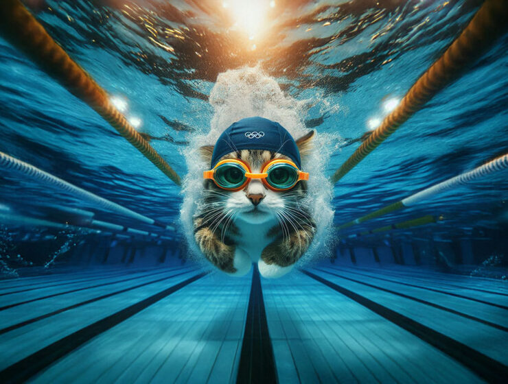 At Cat Olympics, a cat with a swimming cap and goggles dives under water in a pool; AI image by Ivan Kralj via Dall-e/Adobe.
