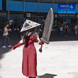 Cosplayer dressed as Pyramid Head from "Silent Hill" survival horror video game, at Fantasy Basel, the Swiss Comic Con; photo by Ivan Kralj.