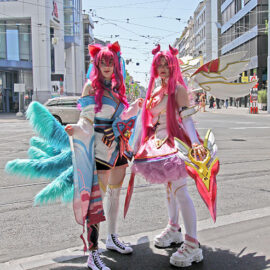 Cosplayers dressed as Spirit Blossom Ahri and Kaisa from the "League of Legends" multiplayer online battle arena, at Fantasy Basel, the Swiss Comic Con; photo by Ivan Kralj.