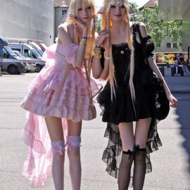 Cosplayers dressed as twin sisters Chi and Freya from "Chobits" manga series, at Fantasy Basel, the Swiss Comic Con; photo by Ivan Kralj.