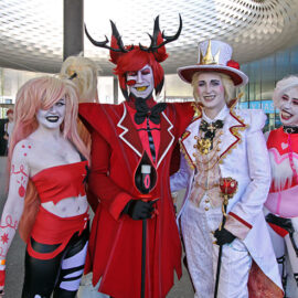 Cosplayers dressed up as Vaggie, Alastor, Lucifer Morningstar, and Angel Dust from "Hazbin Hotel" TV show, at Fantasy Basel, the Swiss Comic Con; photo by Ivan Kralj.