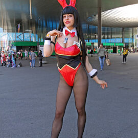Cosplayer Foxyprincs dressed as Yumeko Jabami from "Kakegurui - Compulsive Gambler" manga series, at Fantasy Basel, the Swiss Comic Con; photo by Ivan Kralj.