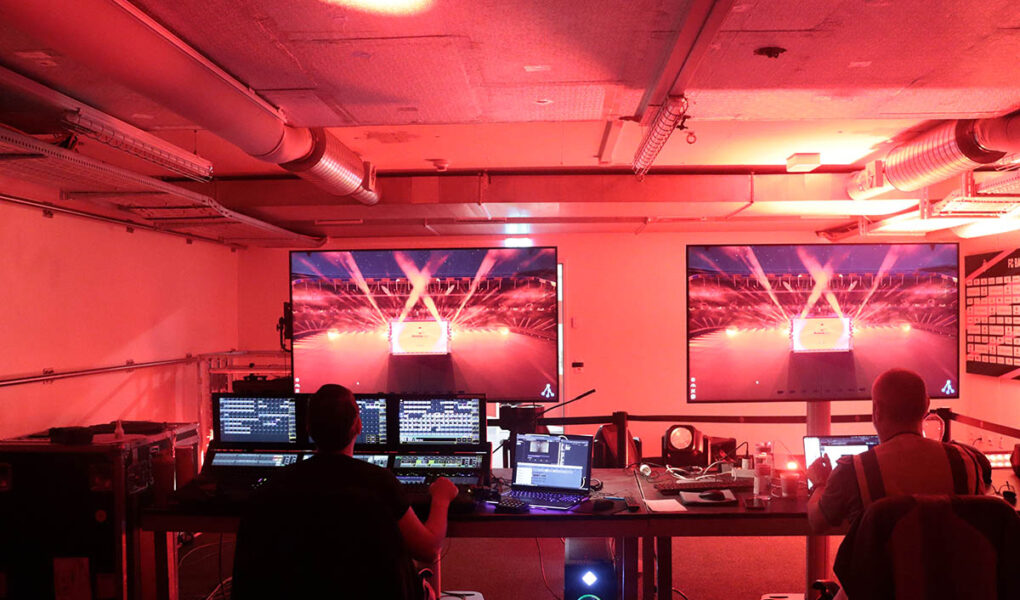 Control room monitoring the screens of Arena Plus Eurovision event at St. Jakob-Park; photo by Mood Studios AG, Kanton Basel-Stadt.