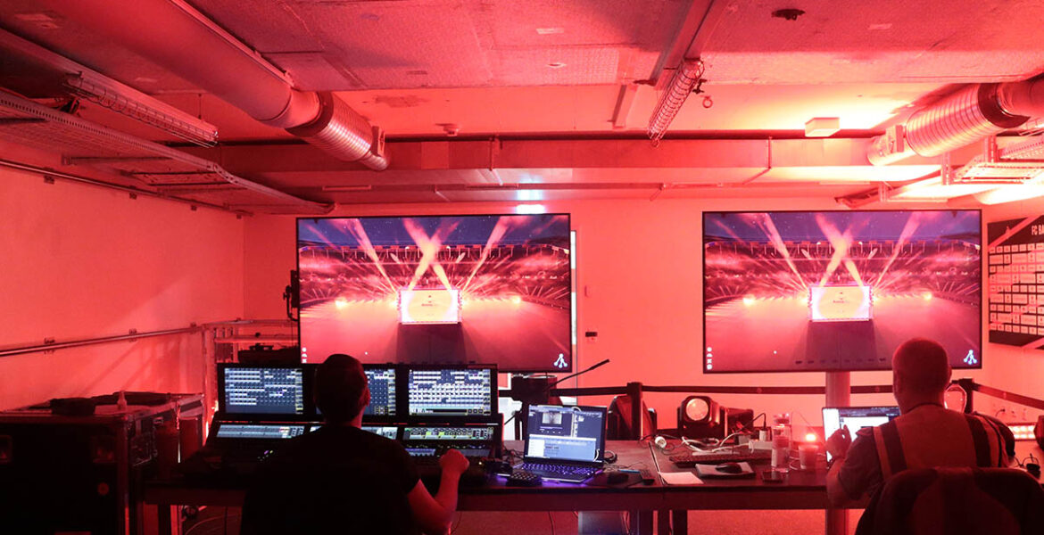 Control room monitoring the screens of Arena Plus Eurovision event at St. Jakob-Park; photo by Mood Studios AG, Kanton Basel-Stadt.