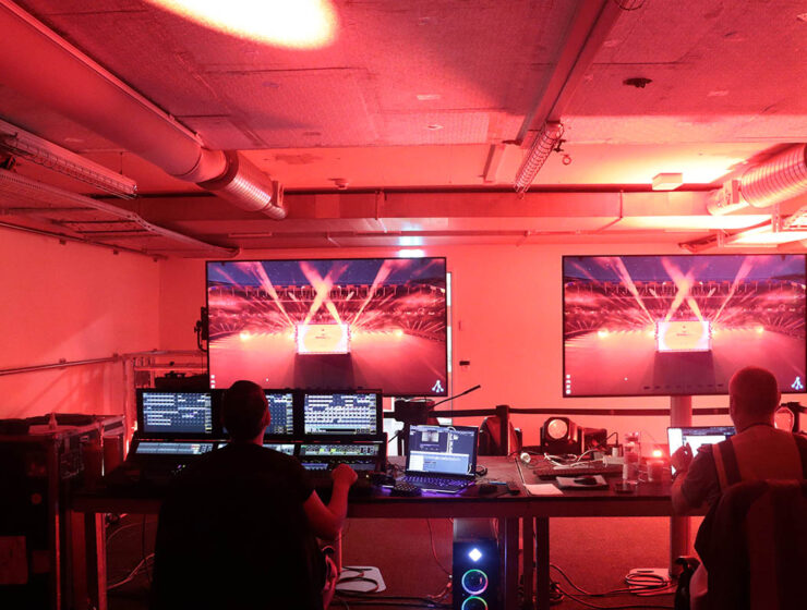 Control room monitoring the screens of Arena Plus Eurovision event at St. Jakob-Park; photo by Mood Studios AG, Kanton Basel-Stadt.