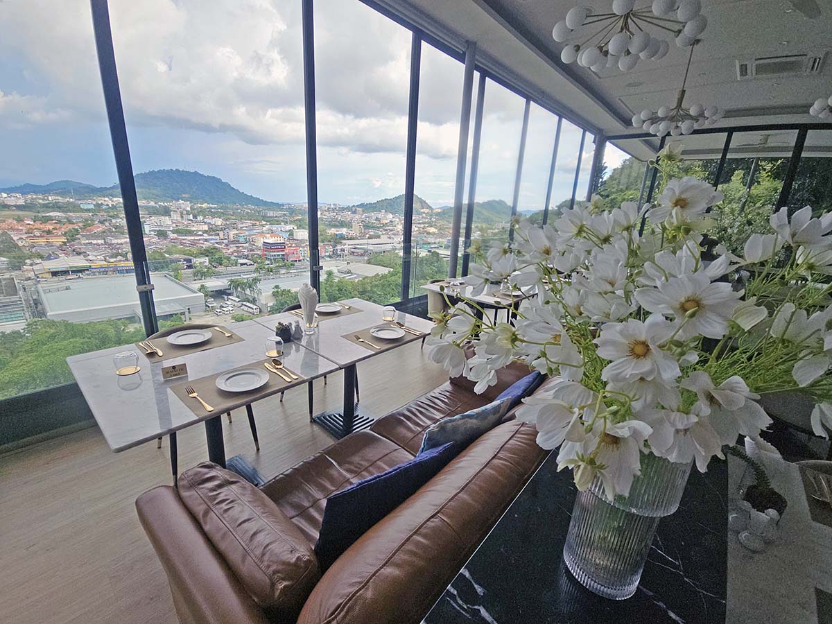 The chic interior of the Plearn Restaurant at Hilltop Wellness Resort with a panoramic view of Phuket, Thailand; photo by Ivan Kralj.