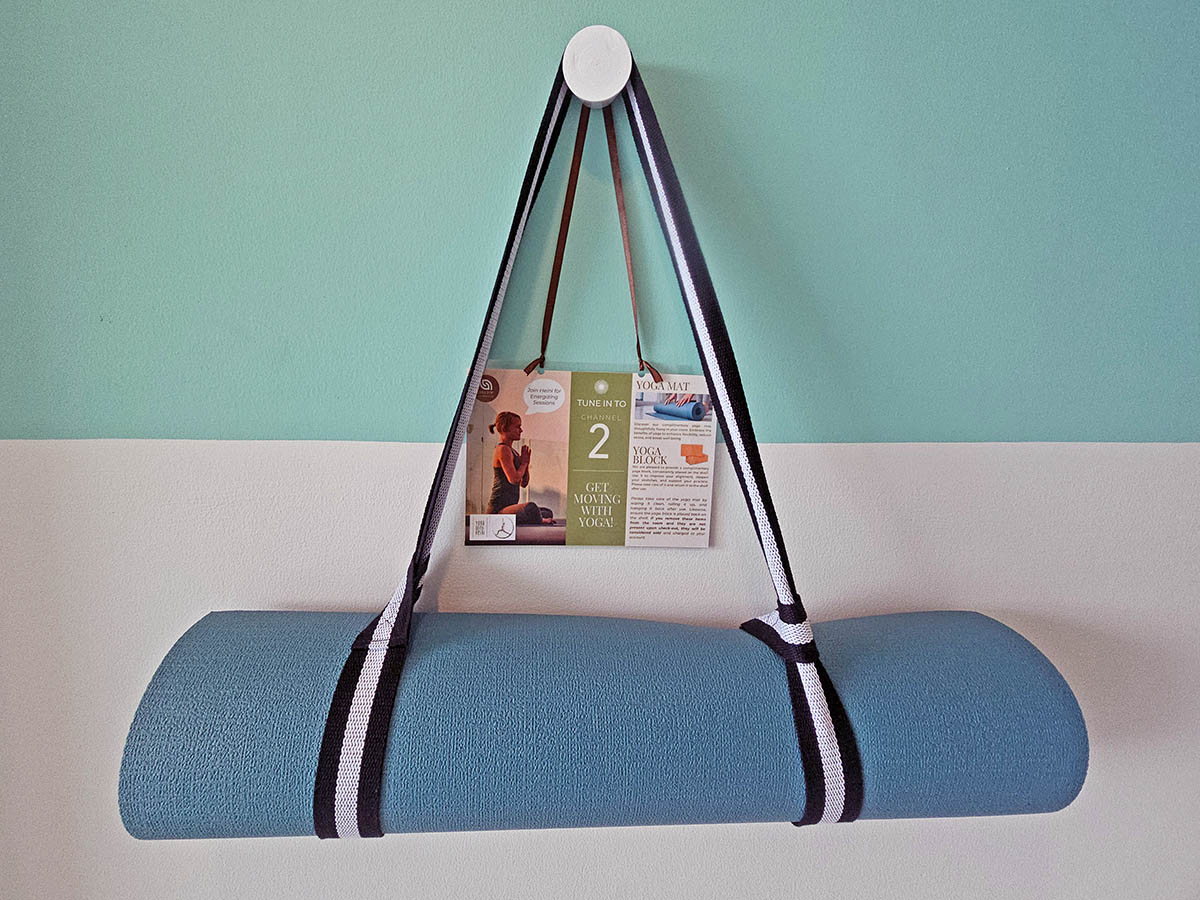 A rolled yoga mat hanging on the wall of the room at Hilltop Wellness Resort in Phuket, Thailand; photo by Ivan Kralj.