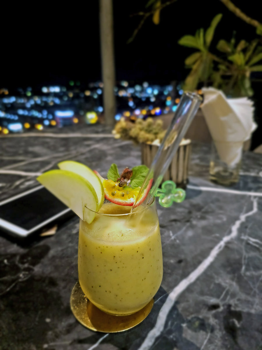 PAB, wellness cocktail made of passion fruit, apple, and banana, served at Plearn Restaurant, Hilltop Wellness Resort in Phuket, Thailand; photo by Ivan Kralj.