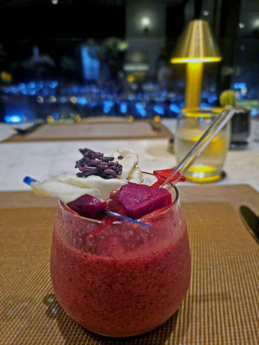 Riceberry Queen, wellness cocktail made of mixed berries, riceberry, beetroot, and banana, served at Plearn Restaurant, Hilltop Wellness Resort in Phuket, Thailand; photo by Ivan Kralj.