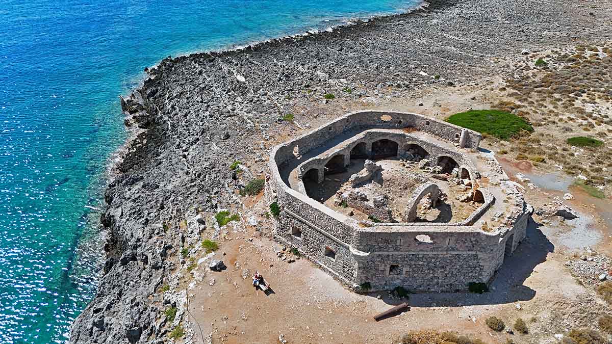 Castello, the Castle of Avlemonas, on the coast of Kythira Island, Greece; aerial drone photo by Ivan Kralj.