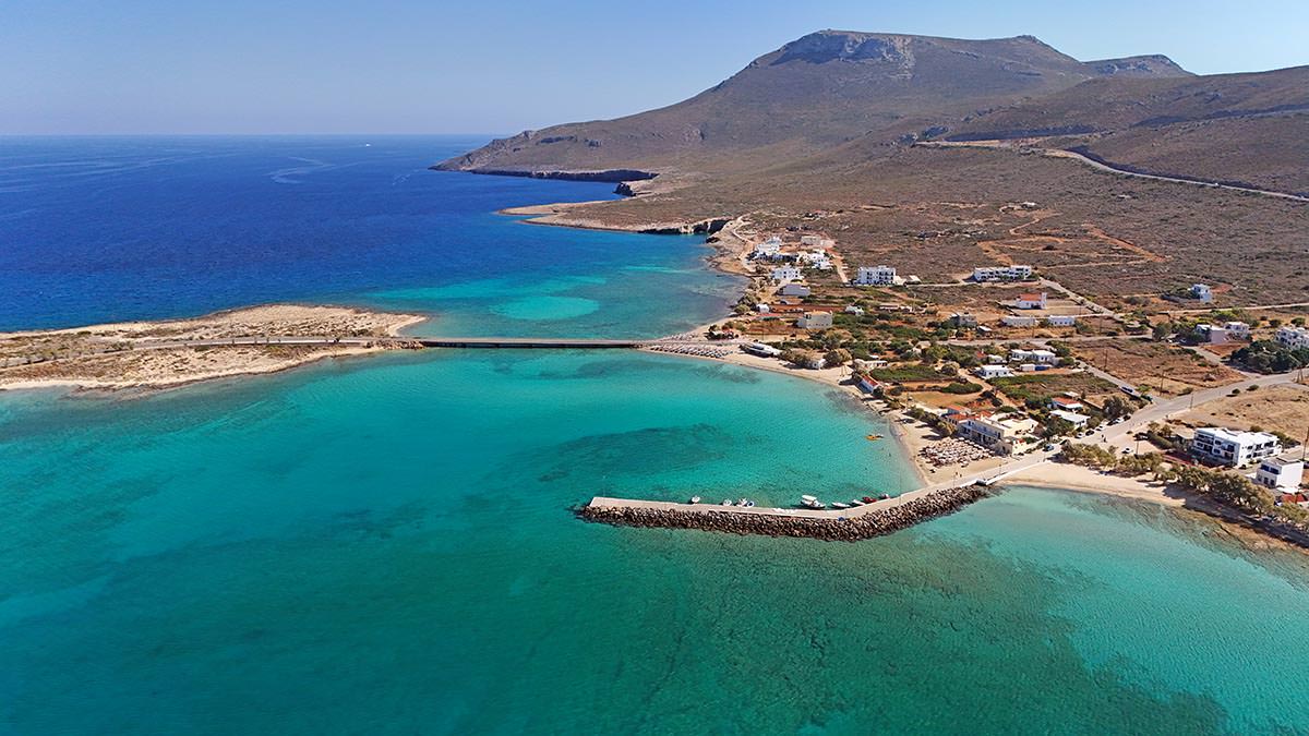 Aerial view of Diakofti, port settlement on Kythira Island, Greece; drone photo by Ivan Kralj.