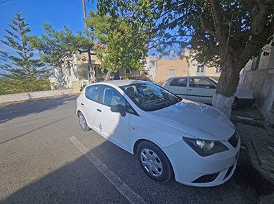 Seat Ibiza parked in Aroniadika, Kythira, Greece, a part of the Drakakis Rent-a-Car fleet; photo by Ivan Kralj.