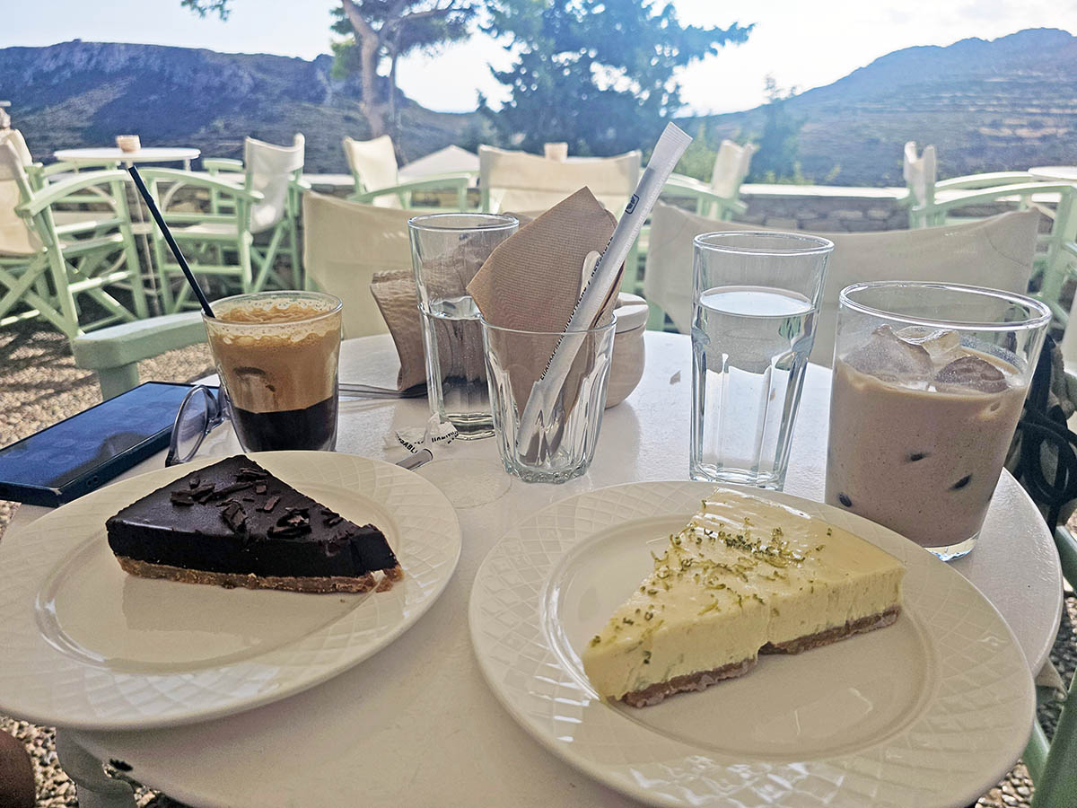 Cakes and coffee served at Fossa Cafe in Chora Kythira, Greece; photo by Ivan Kralj.