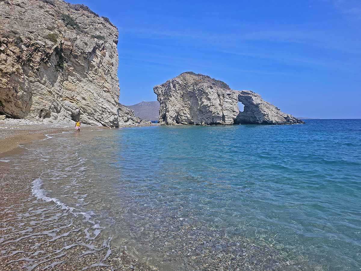 Kaladi Beach, second cove and rock arch in the background, on Kythira Island, Greece; photo by Ivan Kralj.