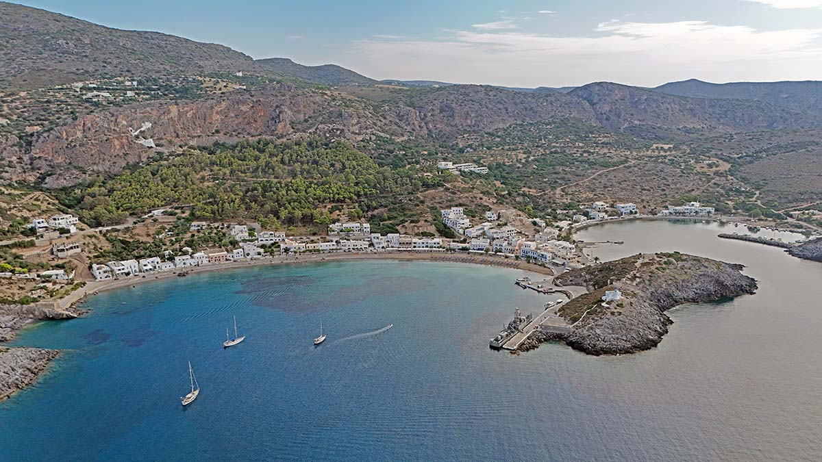 Aerial view of Kapsali Bay, twin bay on the island of Kythira, Greece; drone photo by Ivan Kralj.