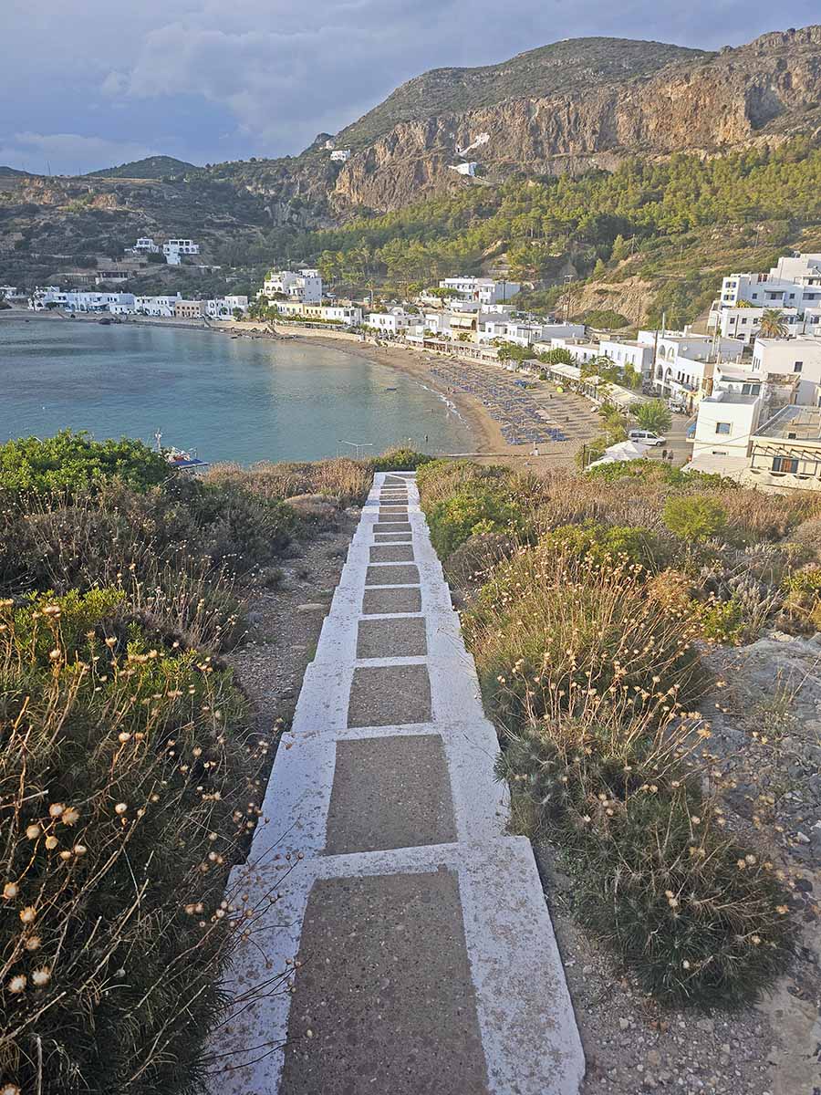 Stairs heading from Church of Agios Georgios toward Kapsali Bay, with the Monastery of Saint John on the Cliff in the background, a part of M12 hiking trail on Kythira Island, Greece; photo by Ivan Kralj.