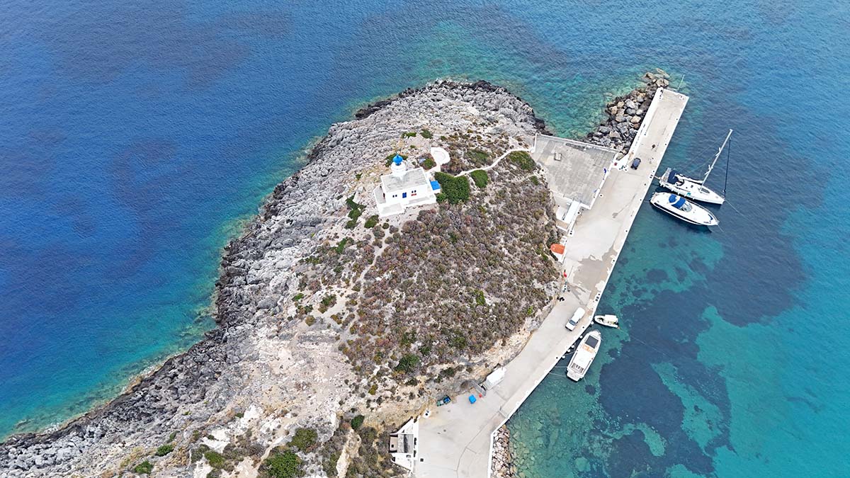 Aerial view of Kapsali Lighthouse peninsula on Kythira Island, Greece; drone photo by Ivan Kralj.