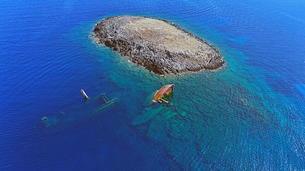 Aerial view of Kythira shipwreck, Russian cargo ship Nordland that sunk in front of Prasonisi islet, Greece; photo by Ivan Kralj.