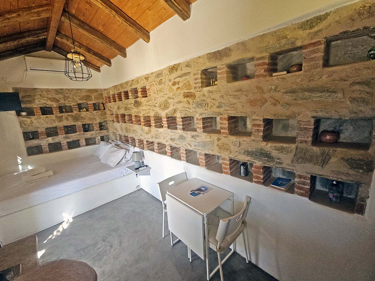 The interior of the Pigeon House, a former dovecote turned accommodation unit on the island of Kythera, Greece; photo by Ivan Kralj.
